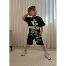 Cg Kids Minecraft Erkek Çocuk Tshirt & Şort Alt Üst Takım Süper Kalite Arka Etek Baskı Detay Siyah