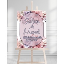Söz Nişan Düğün İçin 50x70 Karşılama Panosu - Mor Çiçek Desenli 002 Beyaz