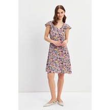 Stella Pulvis Çok Renkli Volanlı Kuplu V Yaka Midi Elbise Çok Renkli