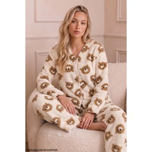Siyah İnci Ekru Alt-üst Wellsoft Düğmeli Kışlık Örme Hırkalı Pijama Takım 26221901