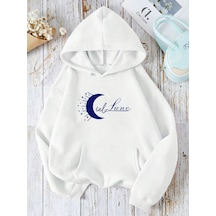 Nevermınd Unisex Ciel Lune Baskılı Oversize Baskılı Kapşonlu Sweatshirt 3 Iplik Beyaz Beyaz