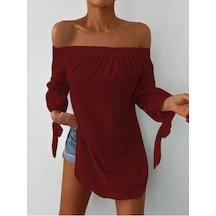 Kadın Madonna Yaka Kol Detaylı Bordo Elbise Bordo