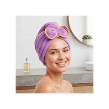 Prenses Peluş Mikrofiber Saç Kurulama Havlusu Çizgi Fiyonklu, Pratik Saç Bonesi - Duş, Makyaj Ve Bakım Saç Wrap Mor