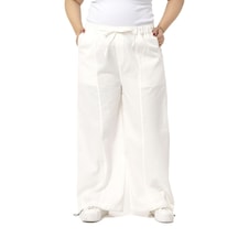 Büyük Beden Geniş Paça Bağlama Detaylı Gabardin Beyaz Pantolon 001