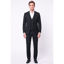 Efor Slim Fit Mono Yaka Esnek Yünlü Yelekli Siyah Takım Elbise Tk 950