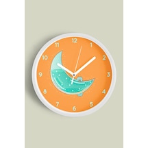 Soyut Ay Tasarımı Çocuk Odası Modern Duvar Saati - 42cm - Önü Camlı Beyaz Kasa - Sessiz Mekanizma Beyaz