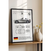 Bmw Z4 Tablo - Teknik Özellikli Alman Roadster Poster - Çerçeveli Duvar Dekoru - Araba Blueprint Siyah