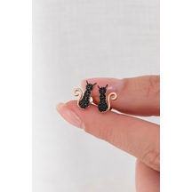 925 Ayar Minik Siyah Kedi Küpe Kadın Gümüş Küpe Pembe Altın