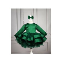 Kız Çocuk Zümrüt Yeşili İki Katlı Uzun Kollu Kabarık Elbise