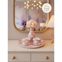 Ev Dekorasyonu - Pembe Damalı Salon Tabak Seti