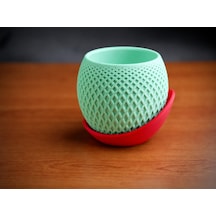 3d Baskı Küre Saksı - Kafes Dokulu İki Parçalı Dekoratif Saksı - Mint-kırmızı