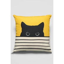 Sarı Kedi Desenli Çift Taraf Yastık Kırlent Kılıfı Krl064n11