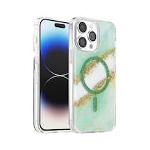 Onegif Apple İphone 14 Pro Max Lotus Simli Magsafe Kapak - Yeşil - Yeşil