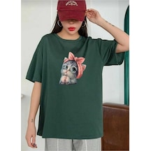 Kozia Outdoors Sevimli Kedi Baskılı Oversize Basic O Yaka Unisex T-şhirt Yeşil Yeşil
