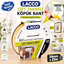 Lacco Çift Taraflı Köpük Bant 24 Mm X 25 M Güçlü Yapışkanlı Montaj Bandı Çok Amaçlı Beyaz 1 Adet