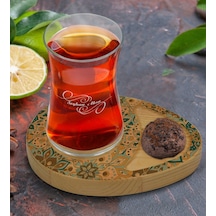Kişiye Özel Retro Motif Tasarımlı Doğal Ahşap Tabaklı Heybeli Çay Bardağı Sunum Seti Model 11