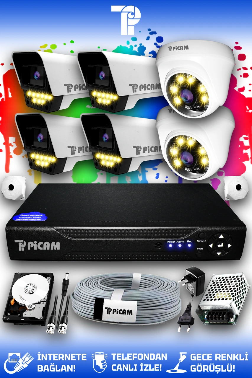Picam 6 Kameralı Süper 2 İç Kamera Set 2 TB 5 MP 2K Net Renkli Gece Görüşlü Güvenlik Kamerası Sistemi