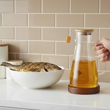 Amberhaus Kesten 900 Ml Cam Yağdanlık Ahşap Kapaklı Ve Altlıklı Şeffaf, Pratik Mutfak Yağ Ve Sirke Şişesi