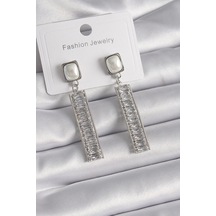 Pirinç Gümüş Renk Kare İnci Zirkon Taşlı Su Yolu Model Kadın Küpe Çok Renkli