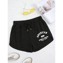 Letter Graphic Drawstring Waist Track Şort Siyah