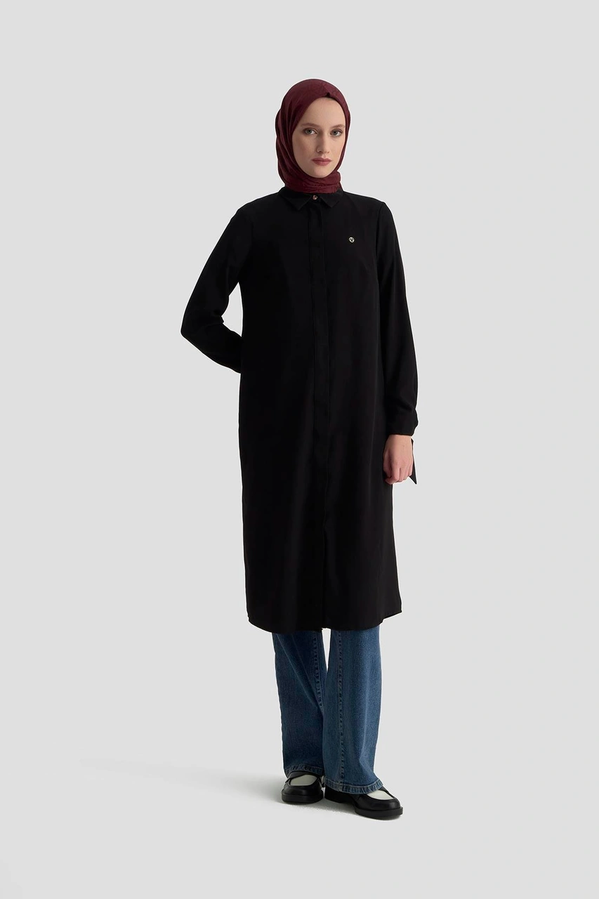 Armine Trend Gizli Düğmeli Kol Detaylı Gömlek Yakalı Tunik Siyah 25yt4158 Siyah