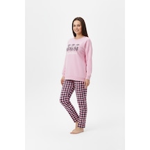 Free Beka Kadın Uzun Kollu Nakış Detaylı Pantolonu Kareli Termal Kumaş Pijama Takımı Pembe
