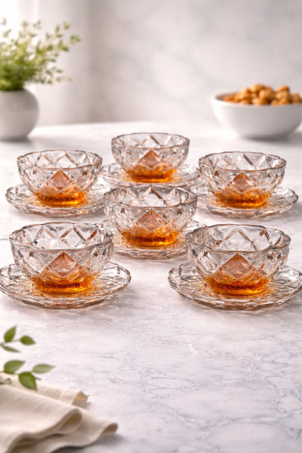 12 Parça Kristal Cam Renkli Çerezlik Kase Tabak Amber - Turkuaz