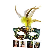 Siyah Kadife Üzeri Rengarenk Payetli Pullu Sarı Tüylü Sarı Taşlı Parti Maskesi 19x21 Cm