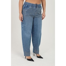 Zanessi Fashıon Büyük Beden Yüksek Bel Taş Detaylı Likralı Denim Mom Fit Kadın Pantolon Mavi