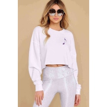 Watercolor Eighth Note Baskılı Crop Kadın Beyaz Sweatshirt