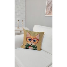 Gözlüklü Kedi Dokuma Kırlent Kılıf Çok Renkli
