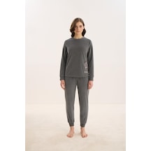 Sevim Kadın Uzun Kol Antrasit Kadife Pijama Takım C3t8n0o61 001