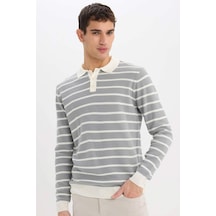 DeFacto Standart Fit Polo Yaka Çizgili Triko Kazak E7604AX24WNGR253