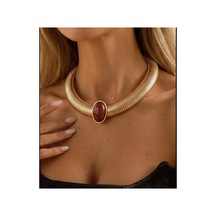 Lunarie Kalın Choker Kolye 14k Gold İri Oval Bordo Taşlı Vintage Altın