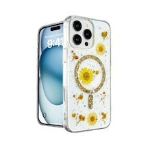 Newface Apple İphone 16 Pro Kılıf Daisy Simli Magsafe Kapak - Gold Beyaz