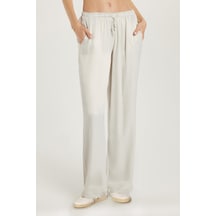 Tudors Kadın Regular Fit Beli Lastikli Bağlamalı Saten Palazzo Geniş Paça Gri Pantolon-33425 Gri