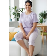 Siyah İnci Desenli Pamuklu Büyük Beden Battal Boy Örme Kapri Pijama Takım 26112855 Lila