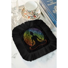 Mandala Meditasyon Sanatı Püsküllü Sunum Peçetesi - Yoga Bohem Siyah Renkli Bardak Altlığı Mendil Çok Renkli