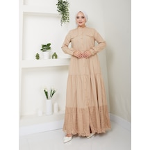 Dantelli Doğal Kumaşlı Boydan Düğmeli Kot Elbise Koyu Bej