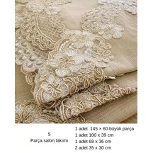 Salon Takımı 5 Parça Keten Dantelli Masa Örtüsü Runner Seti Çeyizlik Firuze Model No 888 Kapiçino Karışık