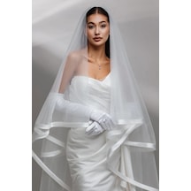 Ezni Atelier Saten Bitişli Tül Zarif Gelin Duvağı 75 + 200 Cm Beyaz Beyaz
