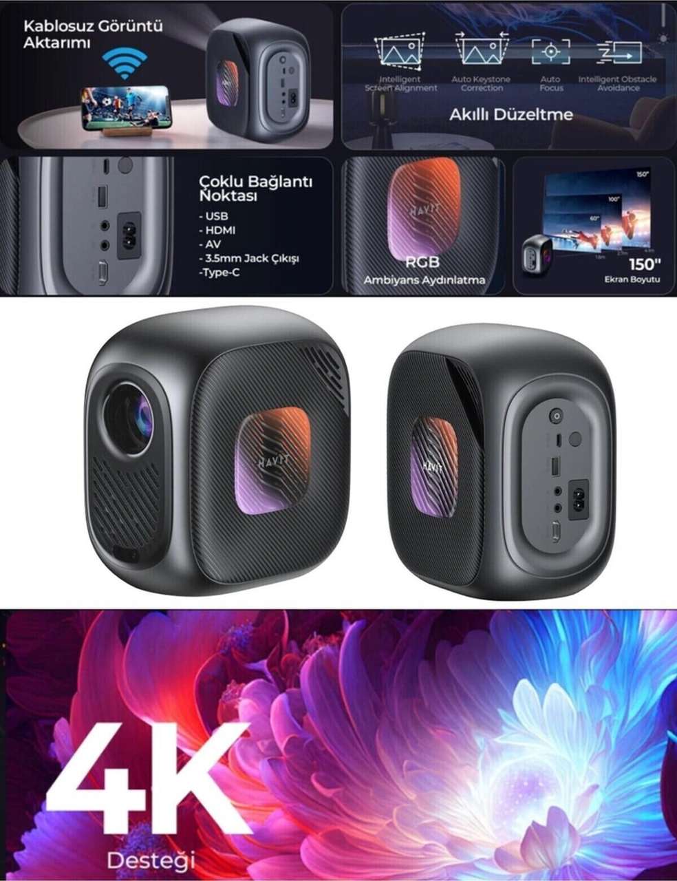 Ev Ve Ofis İçin Smart Projeksiyon - Full Hd Görüntü, 4k Desteği Ve Wi-fi Bağlantısı-115762