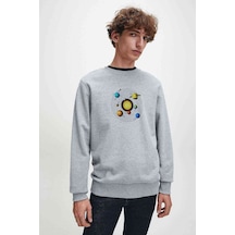 Gezegenler Baskılı Gri Melanj Erkek Örme Sweatshirt