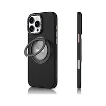 iPhone Uyumlu 16 Pro Kılıf Magsafe Özellikli 360 Standlı Deri Desenli Youngkit Tech Leather Serisi Siyah Siyah
