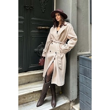 My Loore Kadın Bej Oversize Kuşaklı Astarlı Premium Kaşe Kaban Geniş Kalıp Lüks Kışlık Model Mlb077