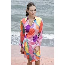 Lela Desenli Kruvaze Yaka Bağlamalı Saten Bayan Elbise 611El295 Fuşya