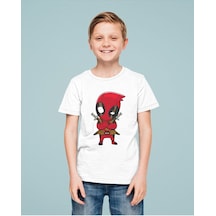 Sevbano Deadpool Baskılı Unisex Çizgi Film Çocuk Tişört 1-12 Yaş Beyaz