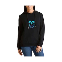 Blue Skull Baskılı Siyah Kadın Kapşonlu Sweashirt