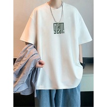 T-shirt - Labirent Baskılı Oversize Bisiklet Yaka Kısa Kol Beyaz Tişört Beyaz