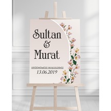 Söz Nişan Düğün İçin 50x70 Karşılama Panosu - Çiçek Tasarımlı 005 Beyaz